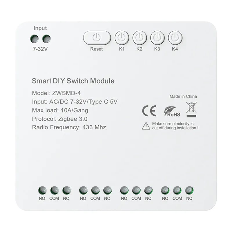 4-kanālu ZigBee slēdža modulis ar bezsprieguma